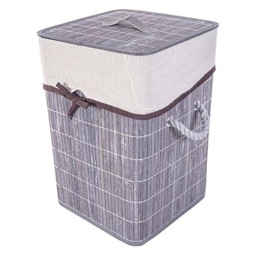 Cesta De Almacenaje Bambu Gris Cesto De Ropa Sucia Caja Plegable Con Tapa Superior Ropero Con Lazo Y Asas Tamano R B0ck4pgz1j