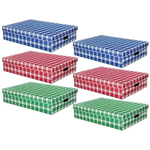 Pack 6 Cajas De Carton Mediana Plana Diseno De Cuadros Tamano 45x35x20 Cm 3 Colores Surtidos Almacenamiento Or B0d4rbcxx3